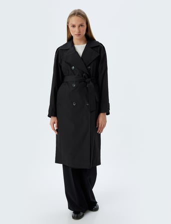 Kruvaze Düğmeli Kuşak Detaylı Cepli Uzun Oversize Trençkot