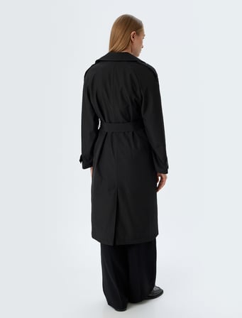 Kruvaze Düğmeli Kuşak Detaylı Cepli Uzun Oversize Trençkot