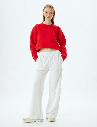 Crop Spor Oversize Sweatshirt Basic Bisiklet Yaka Şardonlu