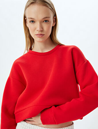 Crop Spor Oversize Sweatshirt Basic Bisiklet Yaka Şardonlu