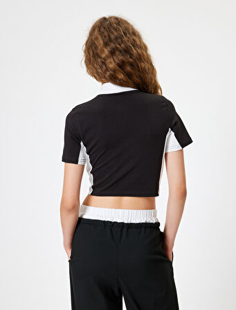 Crop Tişört Fermuarlı Kolej Baskılı Dik Yaka Renk Bloklu Kısa Kollu