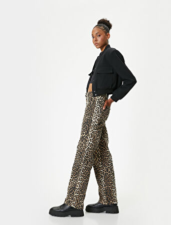 Leopar Desenli Kot Pantolon Standart Bel Düz Paça - Bianca Jeans