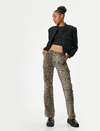 Leopar Desenli Kot Pantolon Standart Bel Düz Paça - Bianca Jeans