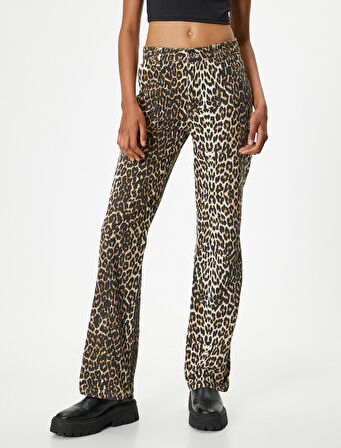 Leopar Desenli Kot Pantolon Standart Bel Düz Paça - Bianca Jeans