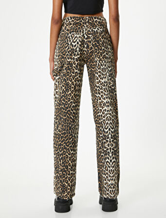 Leopar Desenli Kot Pantolon Standart Bel Düz Paça - Bianca Jeans