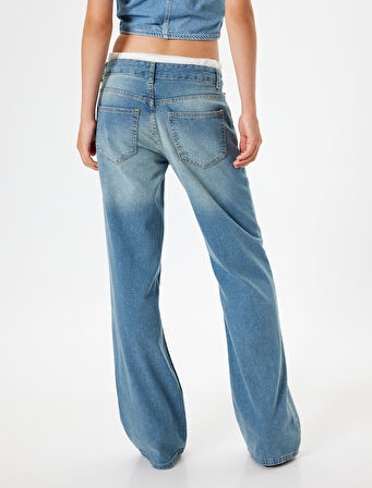 Bol Paça Kot Pantolon Çift Bel Detaylı Pamuklu - Straight Fit Jean