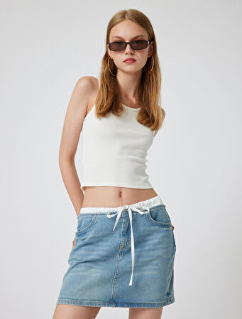 Çift Bel Detaylı Bağcıklı A Kesim Mini Kot Etek