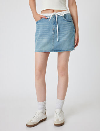 Çift Bel Detaylı Bağcıklı A Kesim Mini Kot Etek