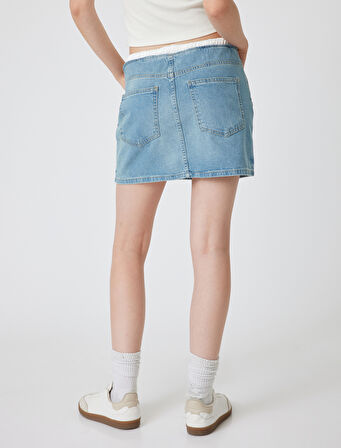 Çift Bel Detaylı Bağcıklı A Kesim Mini Kot Etek