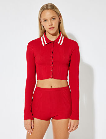 Polo Yaka Kazak Kısa Kollu Düğmeli Slim Fit