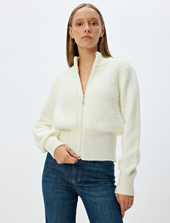 Peluş Hırka Fermuarlı Dik Yaka Ribanalı