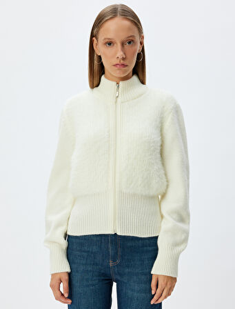 Peluş Hırka Fermuarlı Dik Yaka Ribanalı