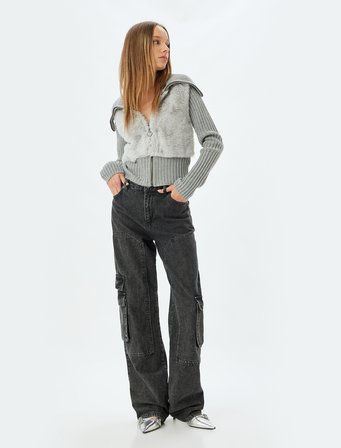 Suni Kürk Hırka Dik Yaka Fermuarlı Ribanalı Slim Fit