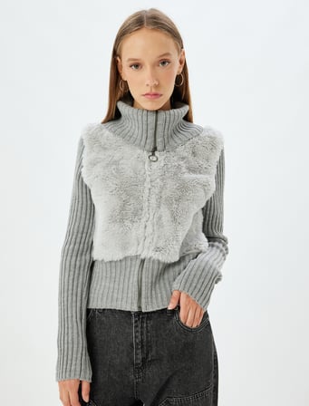 Suni Kürk Hırka Dik Yaka Fermuarlı Ribanalı Slim Fit