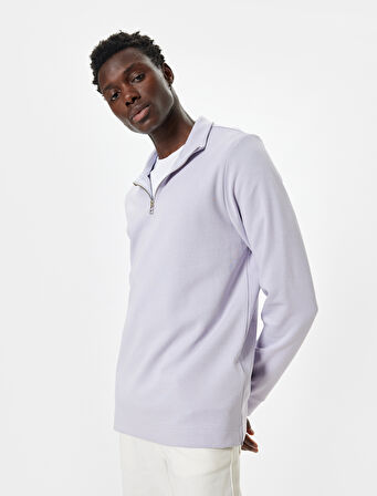 Basic Sweatshirt Yarım Fermuarlı Uzun Kollu Pamuklu