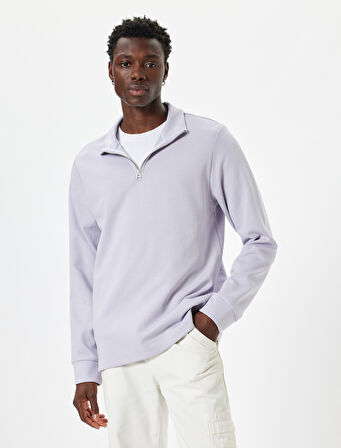 Basic Sweatshirt Yarım Fermuarlı Uzun Kollu Pamuklu
