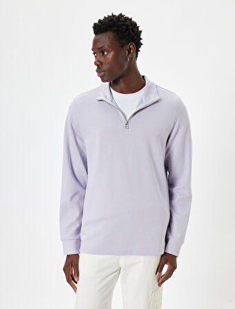 Basic Sweatshirt Yarım Fermuarlı Uzun Kollu Pamuklu