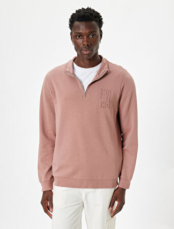 Slogan Baskılı Sweatshirt Yarım Fermuarlı Basic Pamuklu İnterlok Kumaş