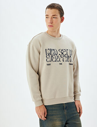 Oversize Sweatshirt Slogan Baskılı Bisiklet Yaka Pamuk Karışımlı