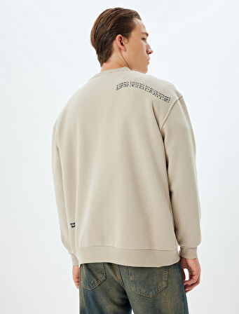 Oversize Sweatshirt Slogan Baskılı Bisiklet Yaka Pamuk Karışımlı