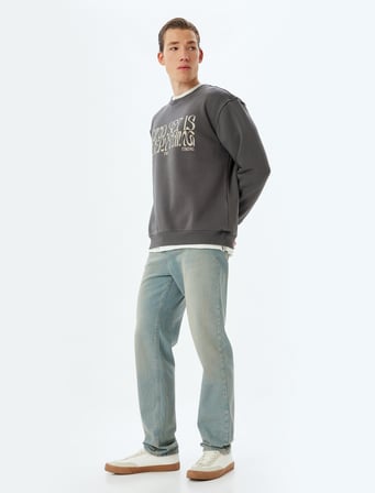 Oversize Sweatshirt Slogan Baskılı Bisiklet Yaka Pamuk Karışımlı