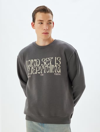 Oversize Sweatshirt Slogan Baskılı Bisiklet Yaka Pamuk Karışımlı