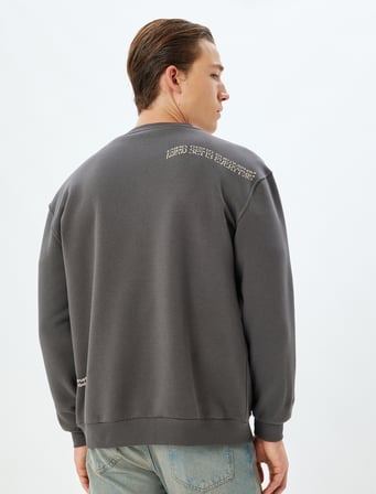 Oversize Sweatshirt Slogan Baskılı Bisiklet Yaka Pamuk Karışımlı