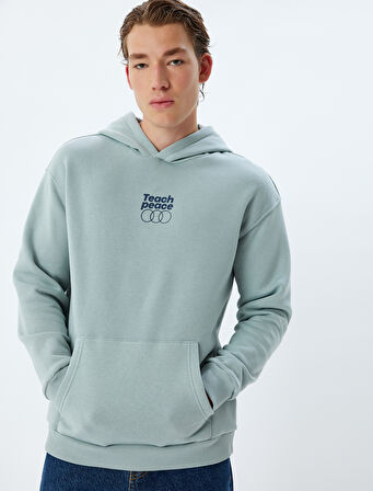 Kapşonlu Sweatshirt Oversize Slogan Baskılı Basic Kanguru Cep Detaylı Şardonlu Pamuk Karışımlı