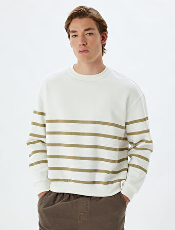Oversize Sweatshirt Bisiklet Yaka Çizgili Şardonlu Pamuk Karışımlı