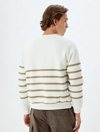 Oversize Sweatshirt Bisiklet Yaka Çizgili Şardonlu Pamuk Karışımlı