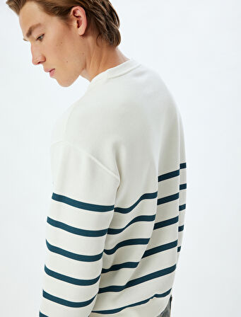 Oversize Sweatshirt Bisiklet Yaka Çizgili Şardonlu Pamuk Karışımlı