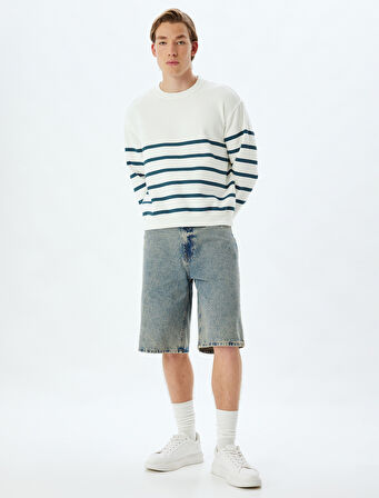 Oversize Sweatshirt Bisiklet Yaka Çizgili Şardonlu Pamuk Karışımlı
