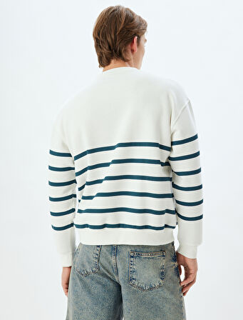 Oversize Sweatshirt Bisiklet Yaka Çizgili Şardonlu Pamuk Karışımlı