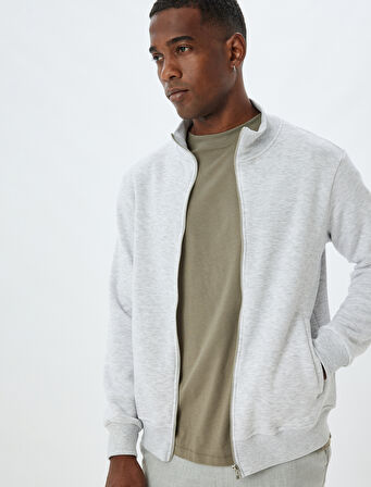 Fermuarlı Hırka Dik Yaka Basic Uzun Kollu Cep Detaylı Şardonlu Pamuk Karışımlı