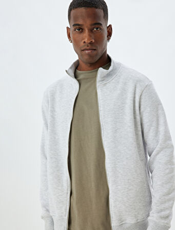 Fermuarlı Hırka Dik Yaka Basic Uzun Kollu Cep Detaylı Şardonlu Pamuk Karışımlı