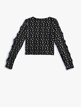 Crop Bluz Uzun Kollu Pencere Detaylı Yuvarlak Yaka