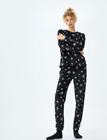 Yıldız Desenli Rahat Kalıp Uzun Kollu Polar Kadife Pijama Altı
