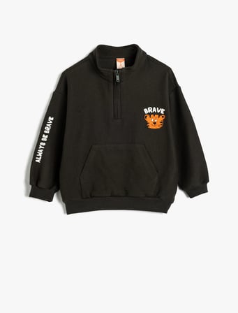 Sweatshirt Dik Yaka Yarım Fermuarlı Uzun Kollu Kaplan Baskılı 