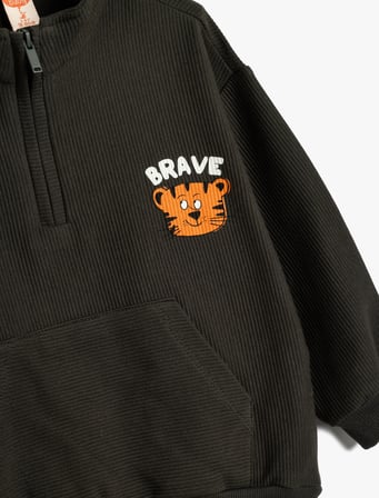 Sweatshirt Dik Yaka Yarım Fermuarlı Uzun Kollu Kaplan Baskılı 