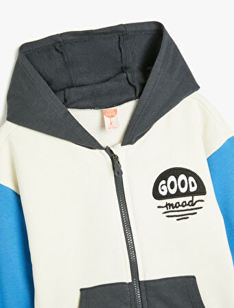 Fermuarlı Kapşonlu Sweatshirt Renk Bloklu Kanguru Cepli Pamuklu Şardonlu