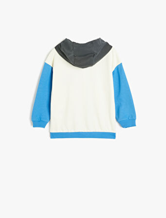 Fermuarlı Kapşonlu Sweatshirt Renk Bloklu Kanguru Cepli Pamuklu Şardonlu