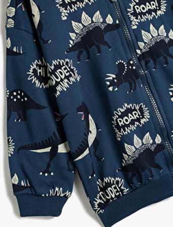 Kapşonlu Sweatshirt Dinozor Baskılı Fermuarlı Pamuklu Şardonlu