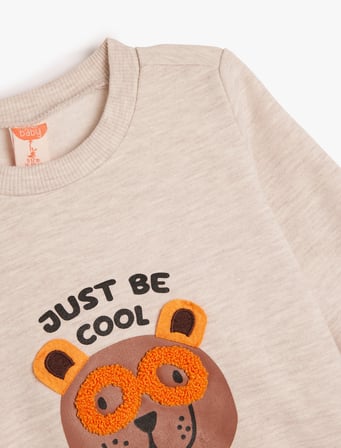 Sweatshirt Ayıcık Baskılı Uzun Kollu Bisiklet Yaka 