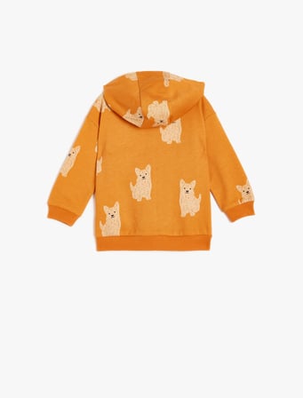 Kapşonlu Sweatshirt Fermuarlı Köpek Baskılı Uzun Kollu Şardonlu