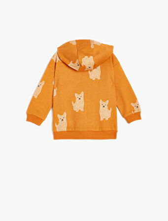Kapşonlu Sweatshirt Fermuarlı Köpek Baskılı Uzun Kollu Şardonlu