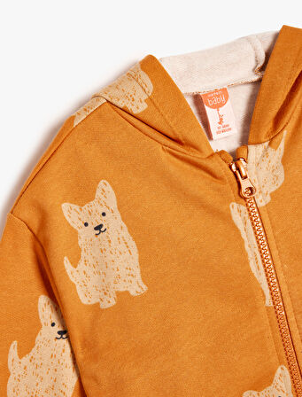 Kapşonlu Sweatshirt Fermuarlı Köpek Baskılı Uzun Kollu Şardonlu