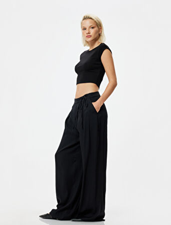 Geniş Paça Pantolon Viskoz Keten Karışımlı Bağlama Detaylı 