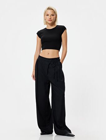 Geniş Paça Pantolon Viskoz Keten Karışımlı Bağlama Detaylı 