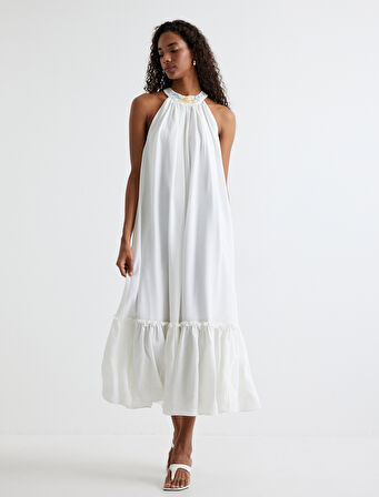 Halter Yaka Uzun Elbise Fırfırlı Boncuk İşleme Detaylı Astarlı