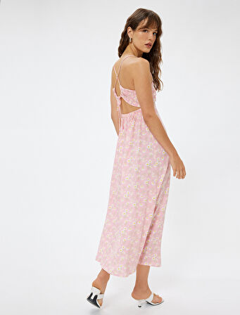 Keten Karışımlı Midi Boy Çiçekli Askılı Elbise Slim Fit Drape Detaylı